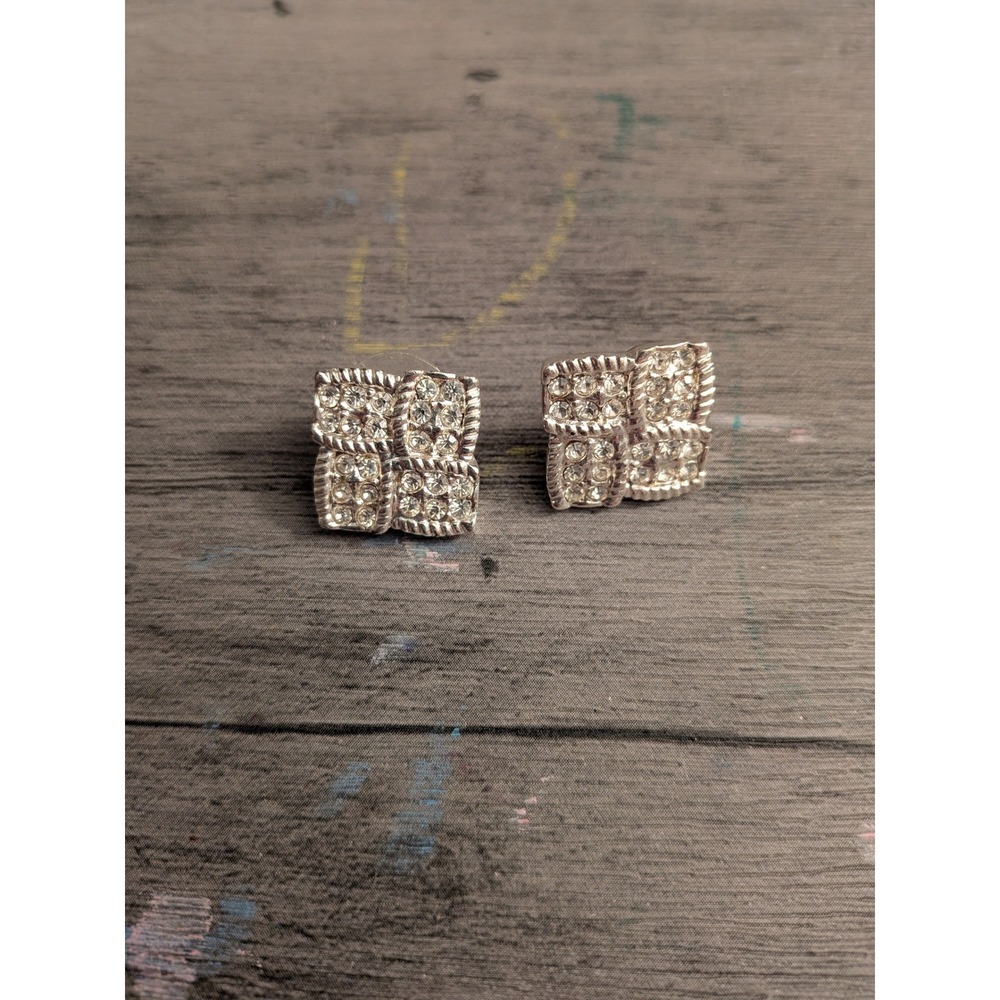 Silver Tone Square Rhinestone Rope Border Stud Earrings Vintage Style Clear Gems
